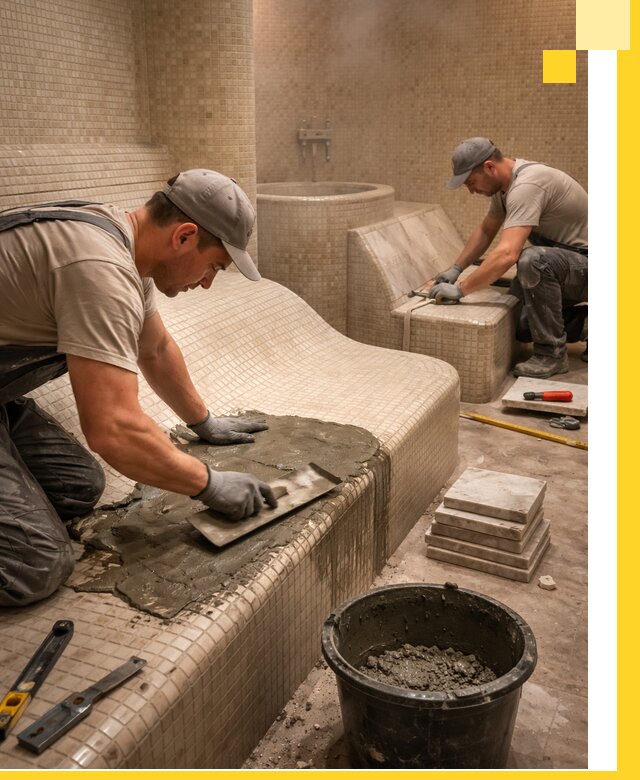 Лежаки для хамама под ключ в Долгопрудном, проект и монтаж