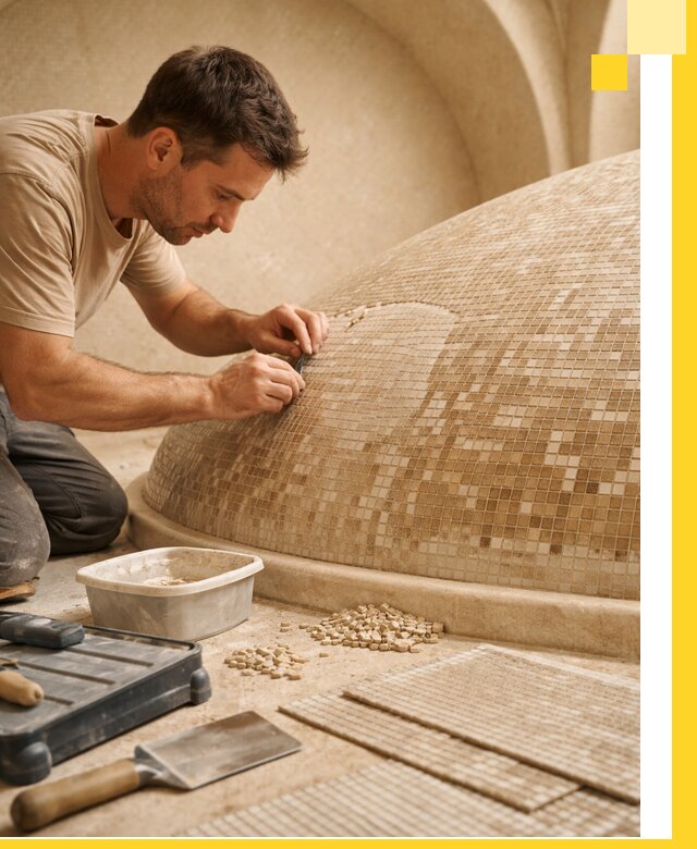 Профессиональная укладка мозаики для хамама под ключ в Долгопрудном